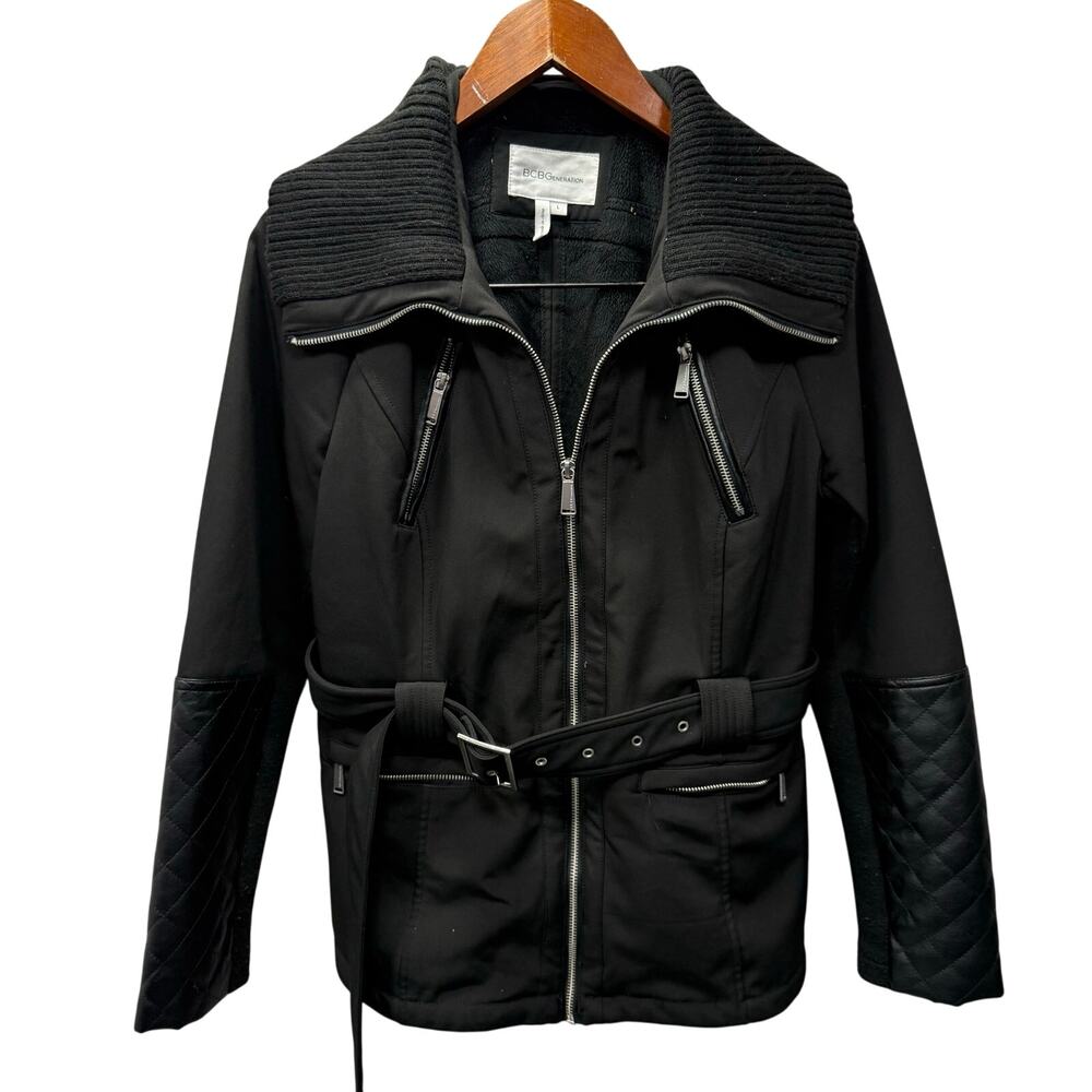BCBG Women’s Coat sz L Belted Neoprene Moto